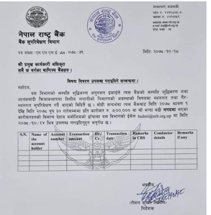 NRB new circular more than 7 lakh cash transactions details of individuals